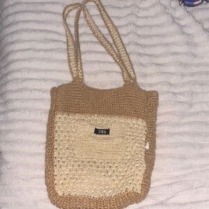 Zara Woven Tote in Tan and Cream